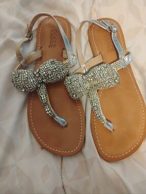 Silver Beaded Women's T-Strap Sandals